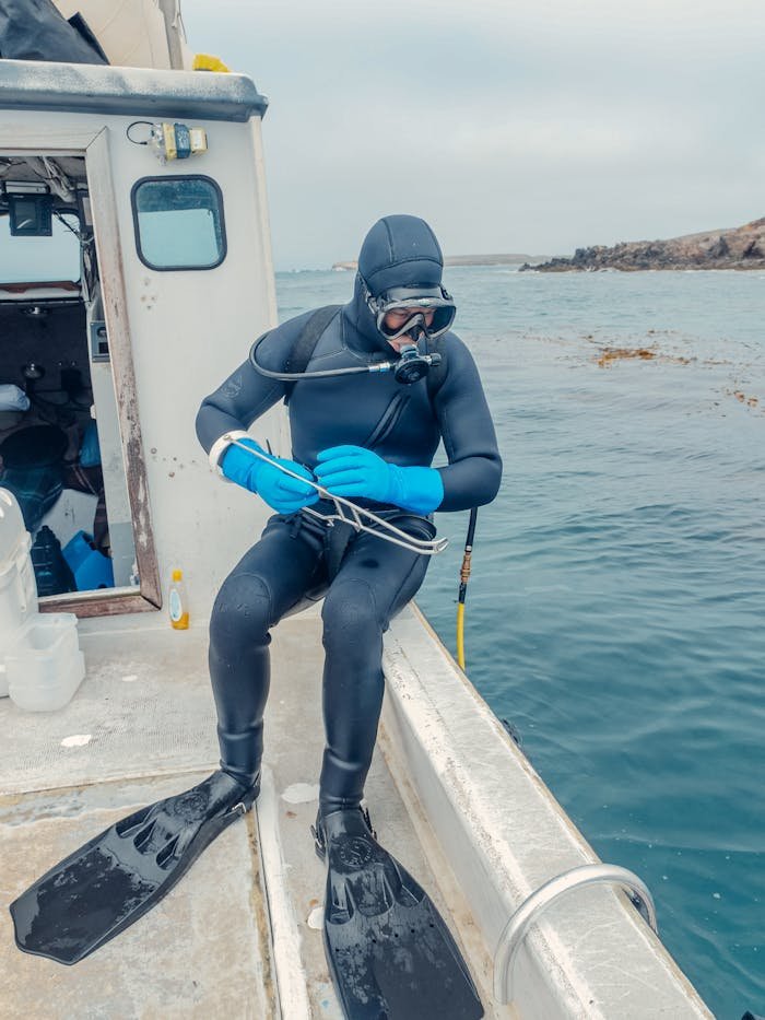 Services A scuba diver on a boat prepares to enter the ocean, ready for underwater exploration.
